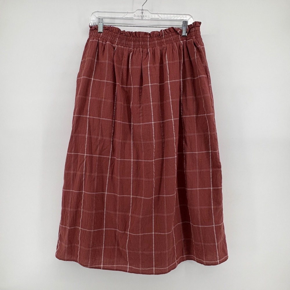 Emberley Mauve Windowpane Plaid Midi Skirt Smocked Waist Women's Large Boho